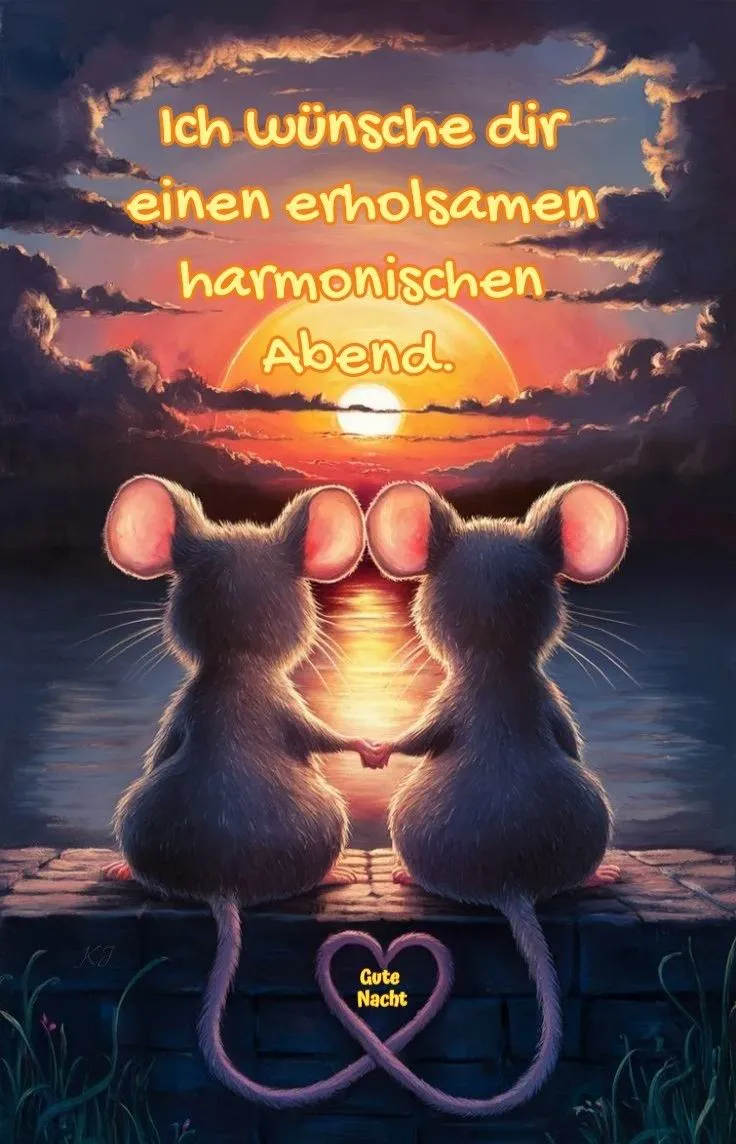 Ein Bild von zwei Mäusen, die auf einer Mauer sitzen und auf einen Sonnenuntergang blicken, mit einem herzförmigen Symbol und dem Text 'Gute Nacht'