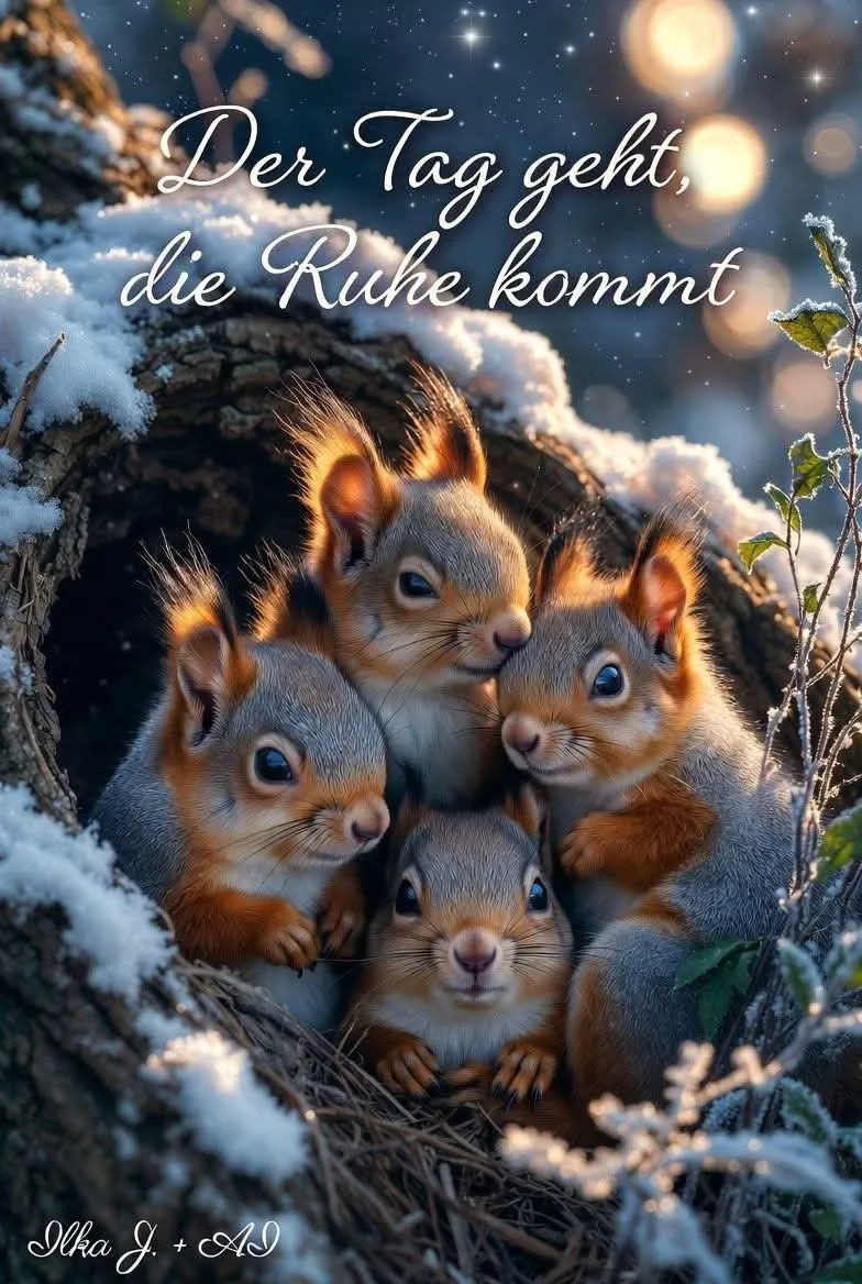 Vier niedliche Eichhörnchen kuscheln sich in einem verschneiten Baumnest im Abendlicht. Ein friedliches Bild mit funkelnden Lichtern im Hintergrund, ideal für entspannte Abendgrüße.