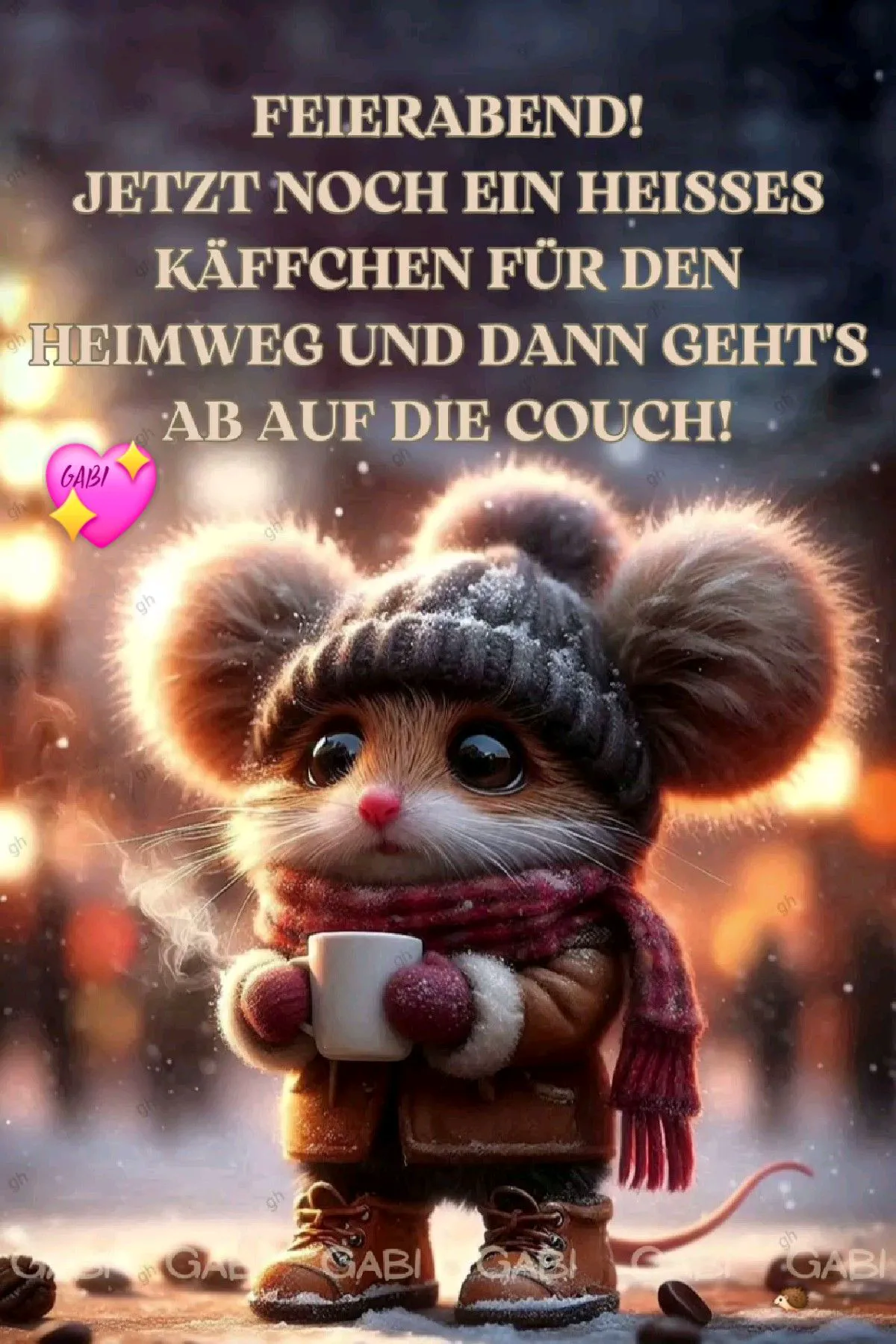 Niedliches Nagetier im Winteroutfit, mit Mütze, Schal und Mantel, hält eine dampfende Kaffeetasse. Es steht im Schnee bei warmen Abendlichtern.