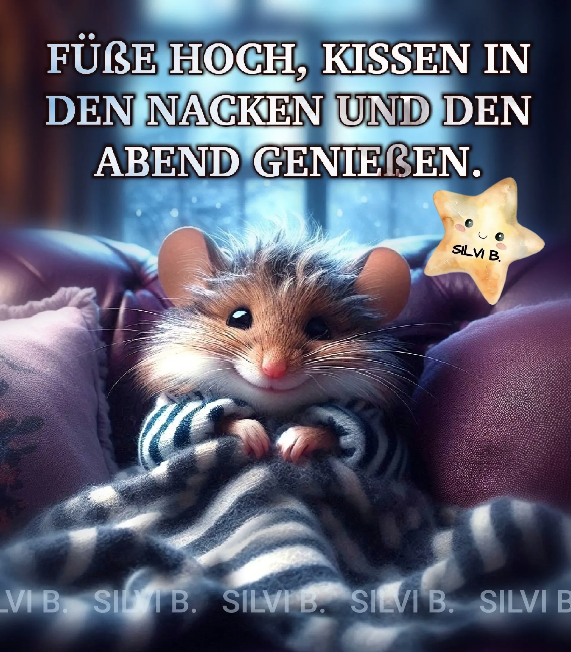 Ein niedliches Mäuschen sitzt auf einem Sofa, umgeben von Kissen und einer Decke, und genießt den Abend.