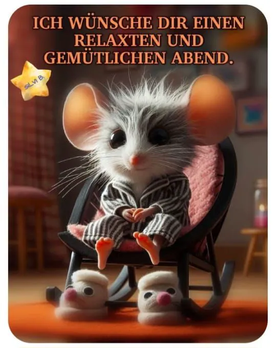 Niedliche Cartoon-Maus im gestreiften Pyjama und flauschigen Hausschuhen sitzt in einem Schaukelstuhl und wünscht einen relaxen und gemütlichen Abend. Ein herziges Bild zum Teilen.