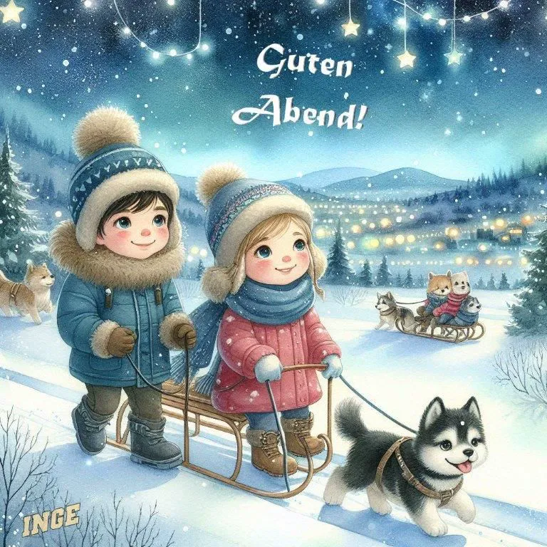 Niedliche Kinder in Winterkleidung mit Husky-Welpen ziehen einen Schlitten durch verschneite Landschaft. Ein stimmungsvolles Guten-Abend-Grußbild voller winterlicher Freude und Lichterglanz.