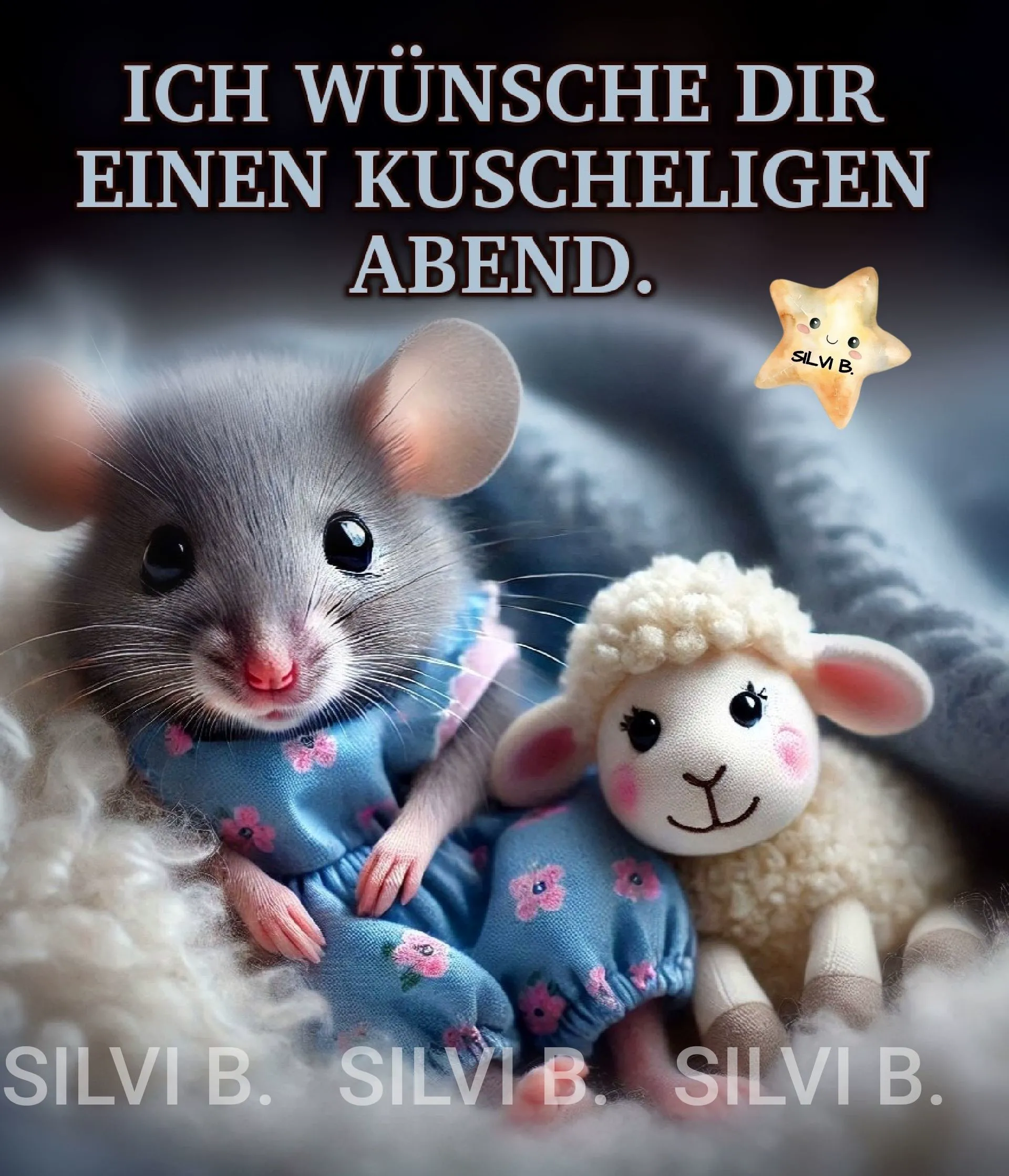 Niedliches graues Mäuschen im blauen Kleid kuschelt neben einem weißen Stofflamm in weicher Wolle. Ein lächelnder Stern schwebt am dunklen Himmel. Ideal für herzliche Guten-Abend-Wünsche.