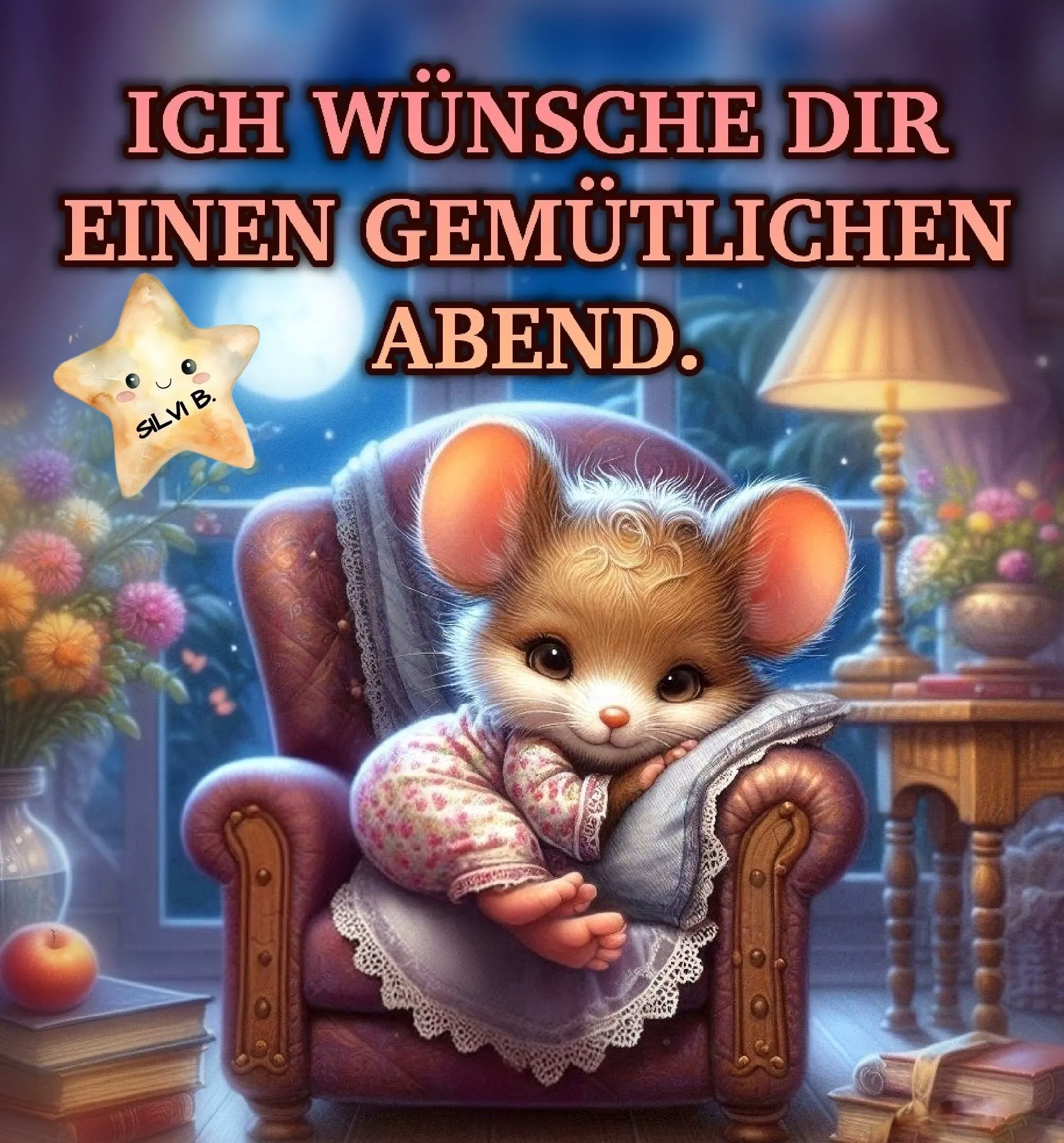 Ein süßes Guten-Abend-Grußbild mit einer kleinen, flauschigen Maus im Pyjama, gemütlich in einem Sessel sitzend. Der Wunsch: "Ich wünsche dir einen gemütlichen Abend."