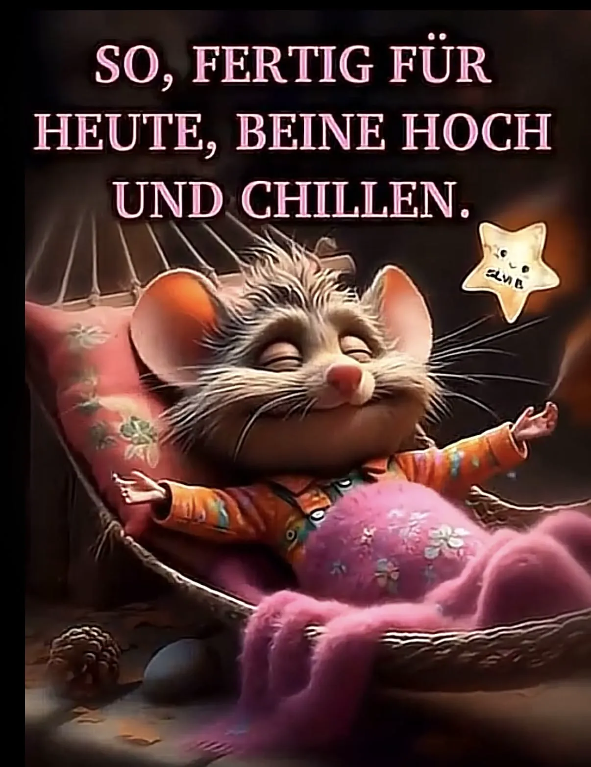 Ein Cartoon-Mäuschen liegt entspannt in einer Hängematte mit einem pinken Kissen und einer Decke.