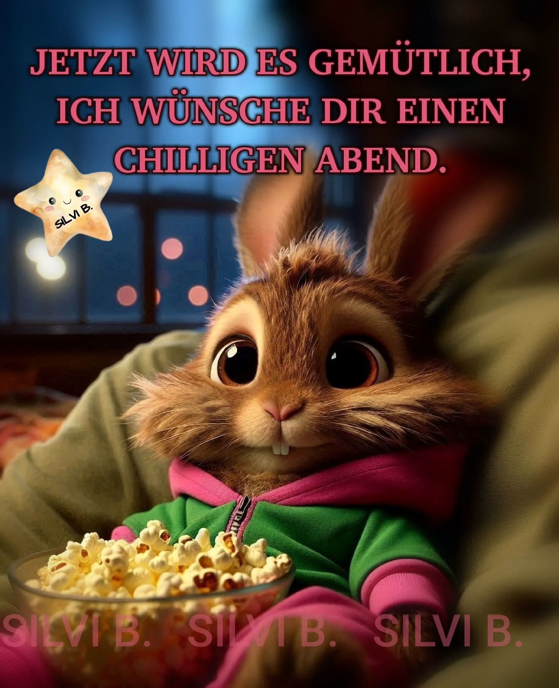 Ein Cartoon-Hase in einem rosa und grünen Pullover hält eine Schale Popcorn, im Hintergrund ein Fenster mit Lichterblick.