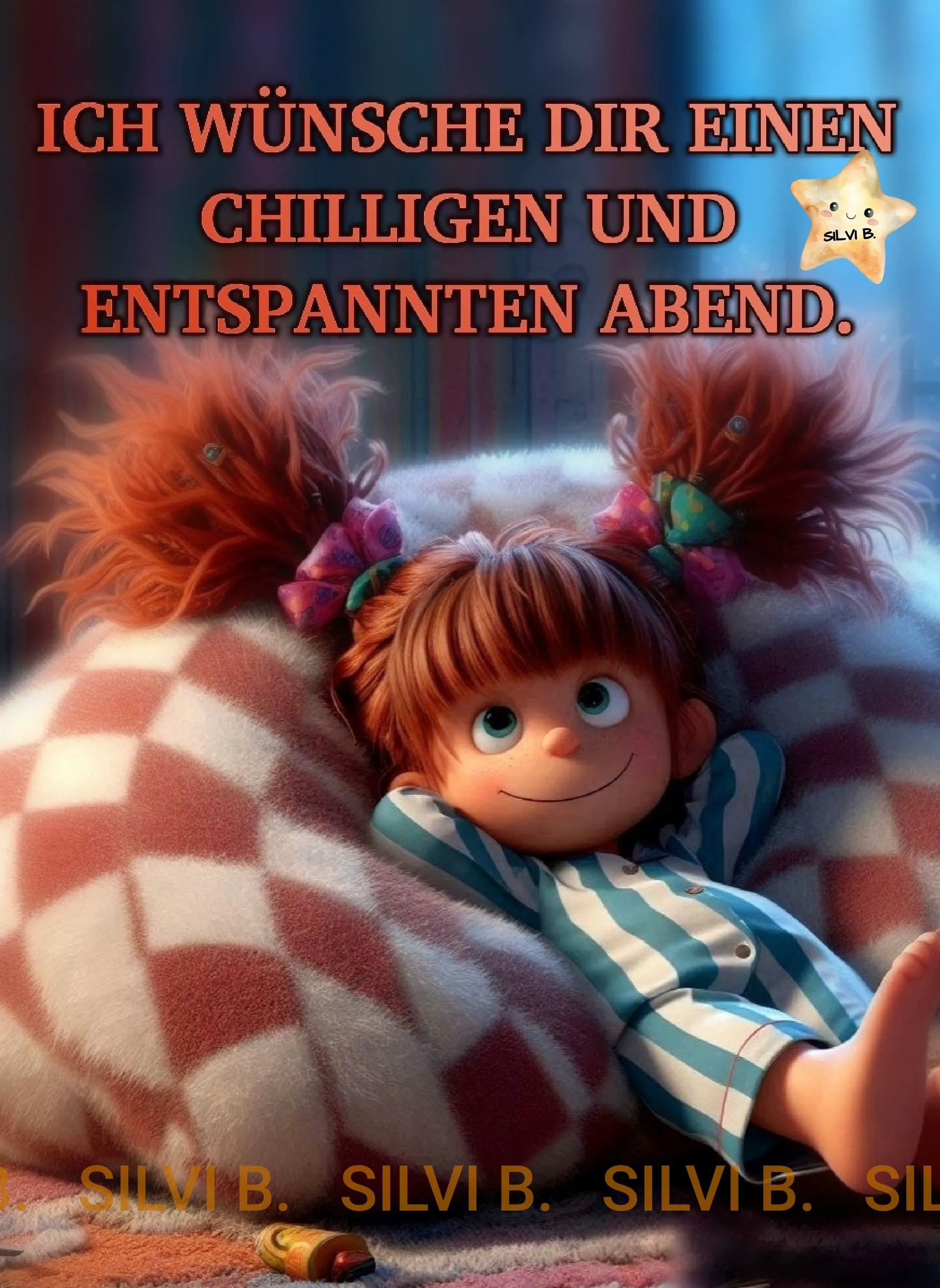 Ein Cartoon Mädchen liegt auf einem Kissen und wünscht einen schönen Abend.