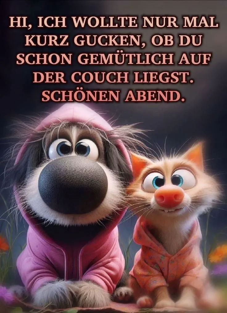 Ein Cartoon-Hund und eine Cartoon-Katze in rosa Kleidung, die gemütlich zusammen sitzen.