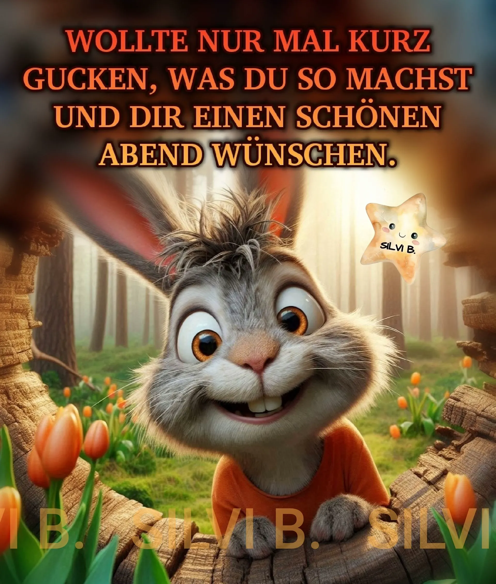 Ein süßes, grinsendes Häschen mit großen Augen und orangefarbenem Shirt schaut über einen Baumstamm. Dahinter ein frühlingshafter Wald mit Tulpen und einem kleinen schwebenden Stern.