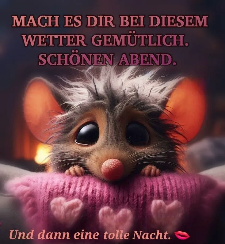 Ein niedliches Mäuschen mit rosa Pullover und herzlichen Abendgrüßen