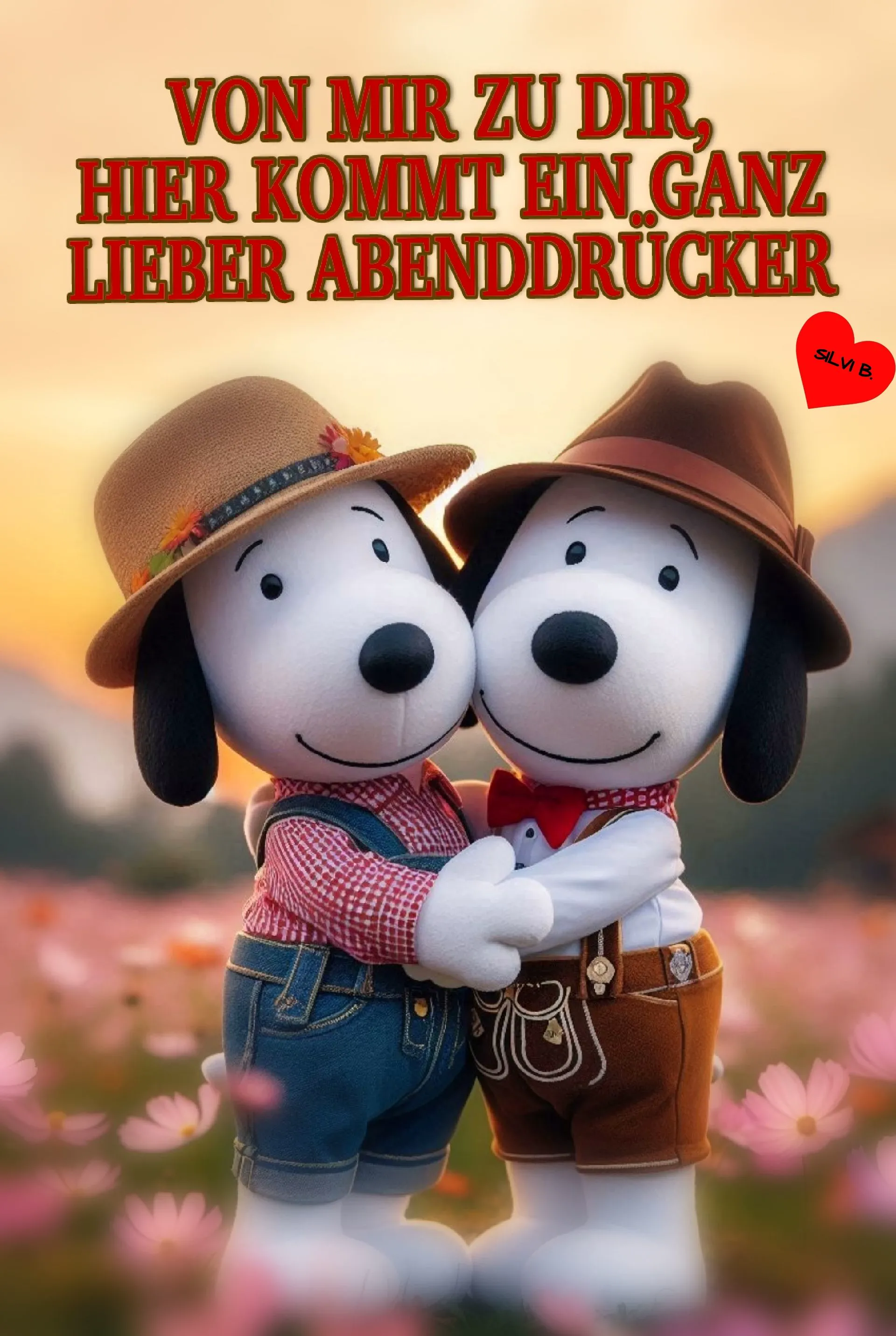 Ein Bild mit zwei Hunden in Trachten, die sich umarmen, vor einem Feld mit Blumen und Sonnenuntergang