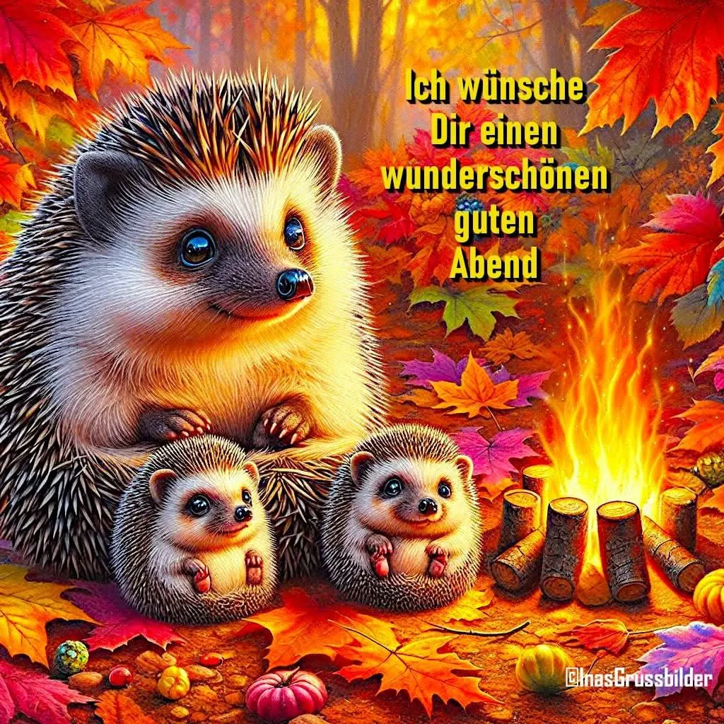 Ein großes Igel mit zwei kleinen Igeln vor einem Herbstwald mit Feuer und farbenfrohen Blättern