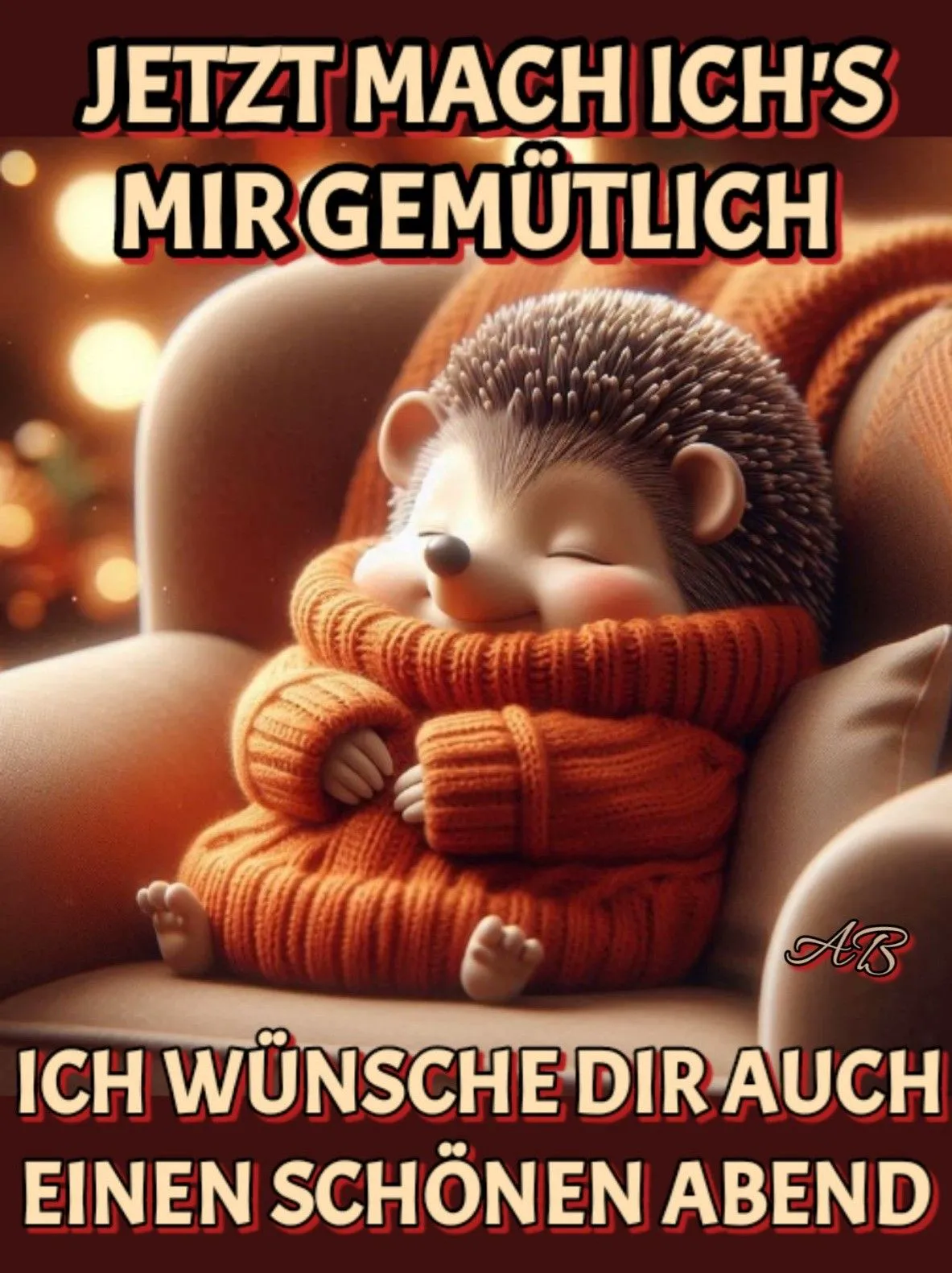 Ein friedlicher Igel in einem orangefarbenen Pullover sitzt auf einem Sofa und schläft, umgeben von warmen Lichtern.