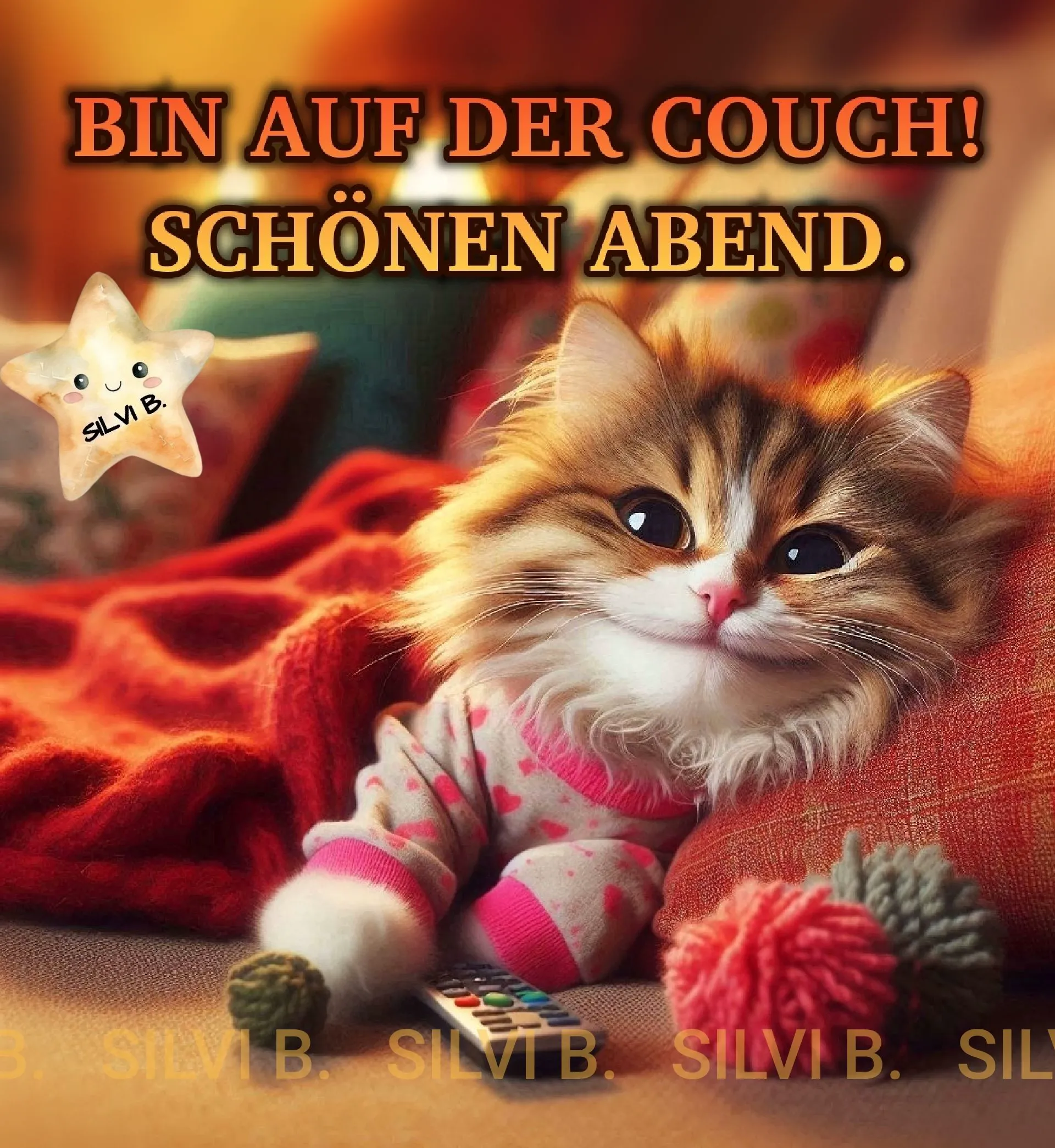 Ein niedliches Kätzchen auf der Couch mit einem warmen Abendhintergrund