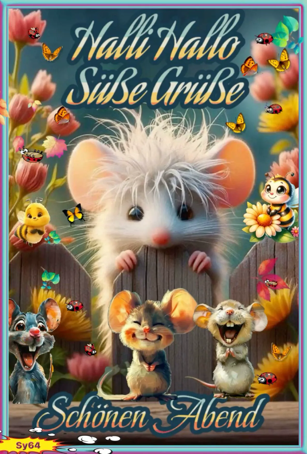 Ein niedliches Bild mit einem großen, weißen Mäuschen und zwei kleineren Mäuschen, umgeben von Blumen, Schmetterlingen und Bienen.
