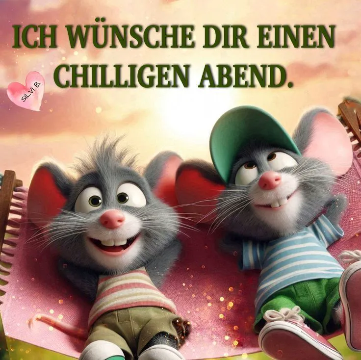 Zwei lustige Zeichentrickmäuse liegen entspannt unter einem warmen Sonnenuntergangshimmel und wünschen einen chilligen Abend. Perfekt als Guten-Abend-Grußbild.