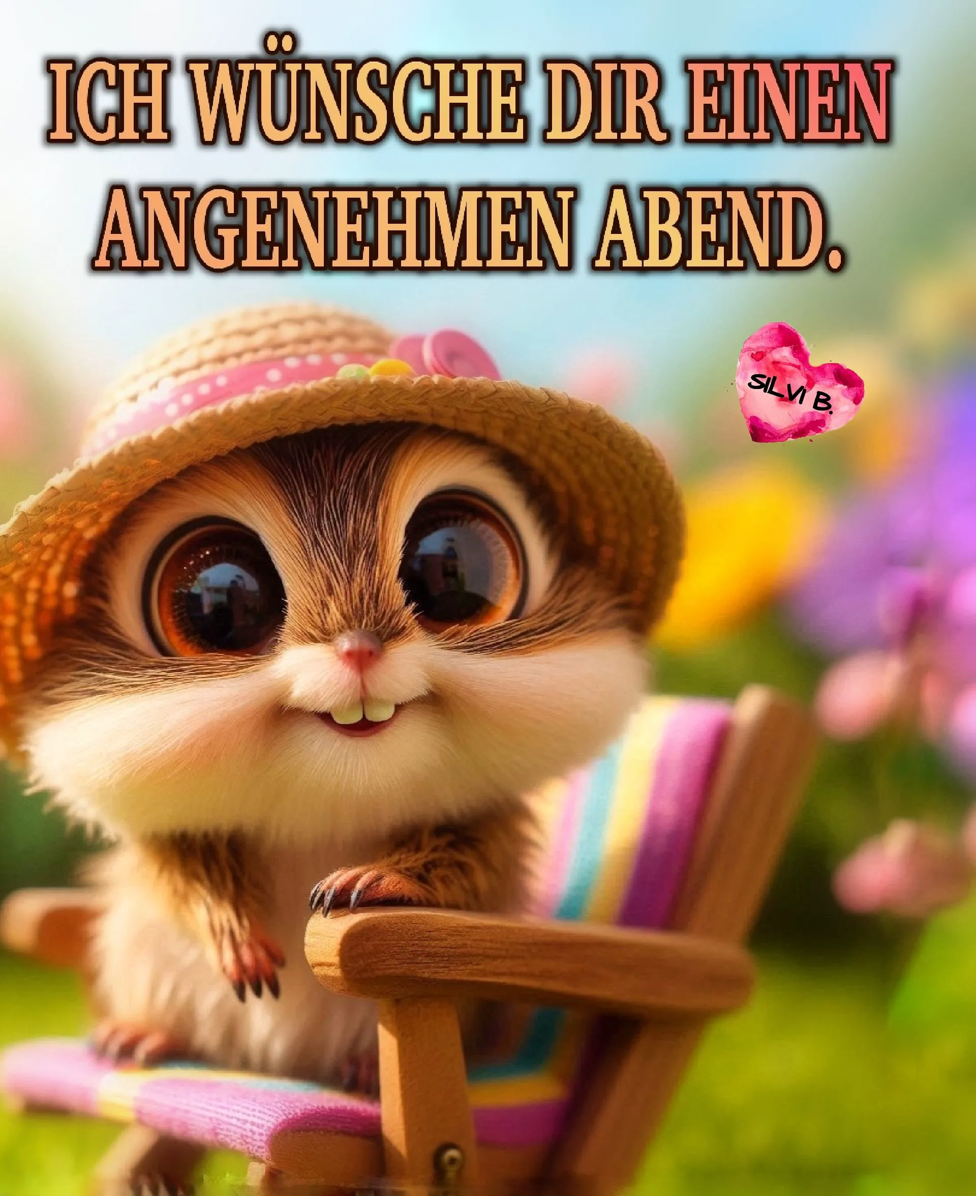 Ein niedliches Eichhörnchen mit Strohhut sitzt auf einem bunten Stuhl inmitten eines Blumenfeldes