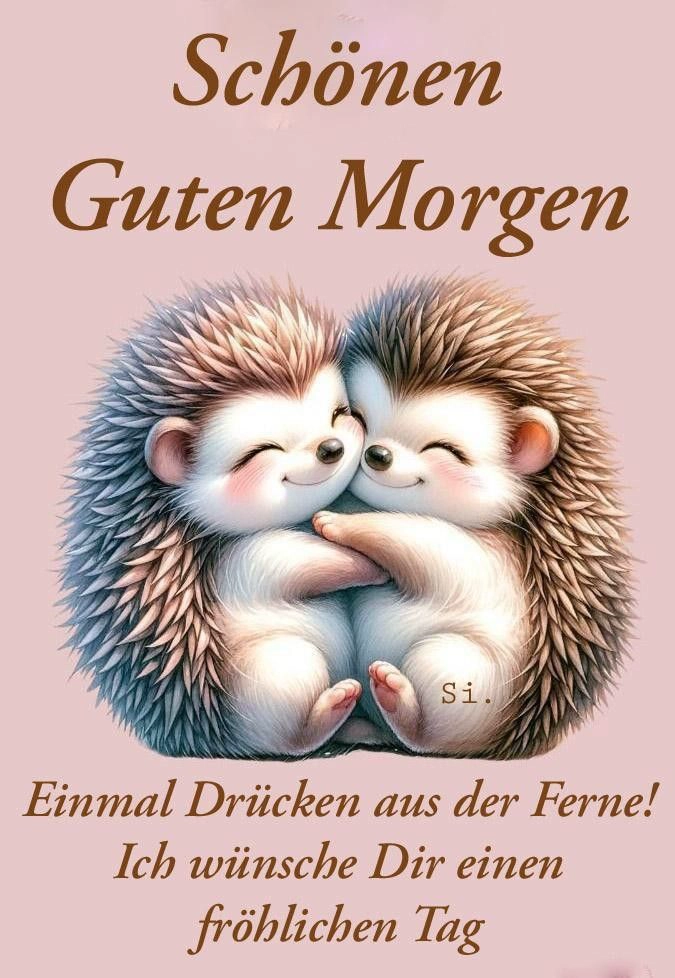 Grußbild der Kategorie guten-morgen mit zwei kuschelnden, lächelnden Igeln. Sie übermitteln einen virtuellen Druck aus der Ferne und wünschen einen fröhlichen Tag.
