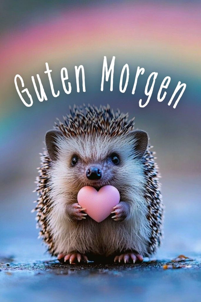 Ein niedlicher Igel hält ein rosa Herz und wünscht „Guten Morgen“. Perfektes Grußbild der Kategorie guten-morgen, um Liebe zu senden und den Tag zu beginnen.