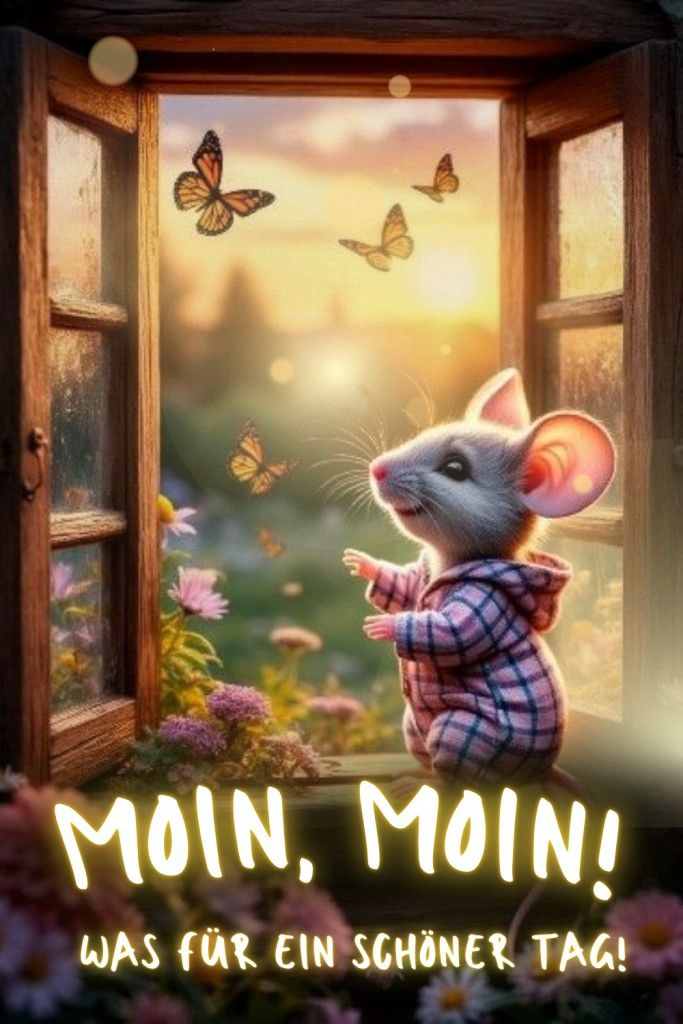 Ein niedliches Maus-Cartoon in kariertem Pullover blickt freudig aus einem offenen Fenster in einen sonnigen, blühenden Garten mit fliegenden Schmetterlingen. Ein herzliches Guten-Morgen-Grußbild.