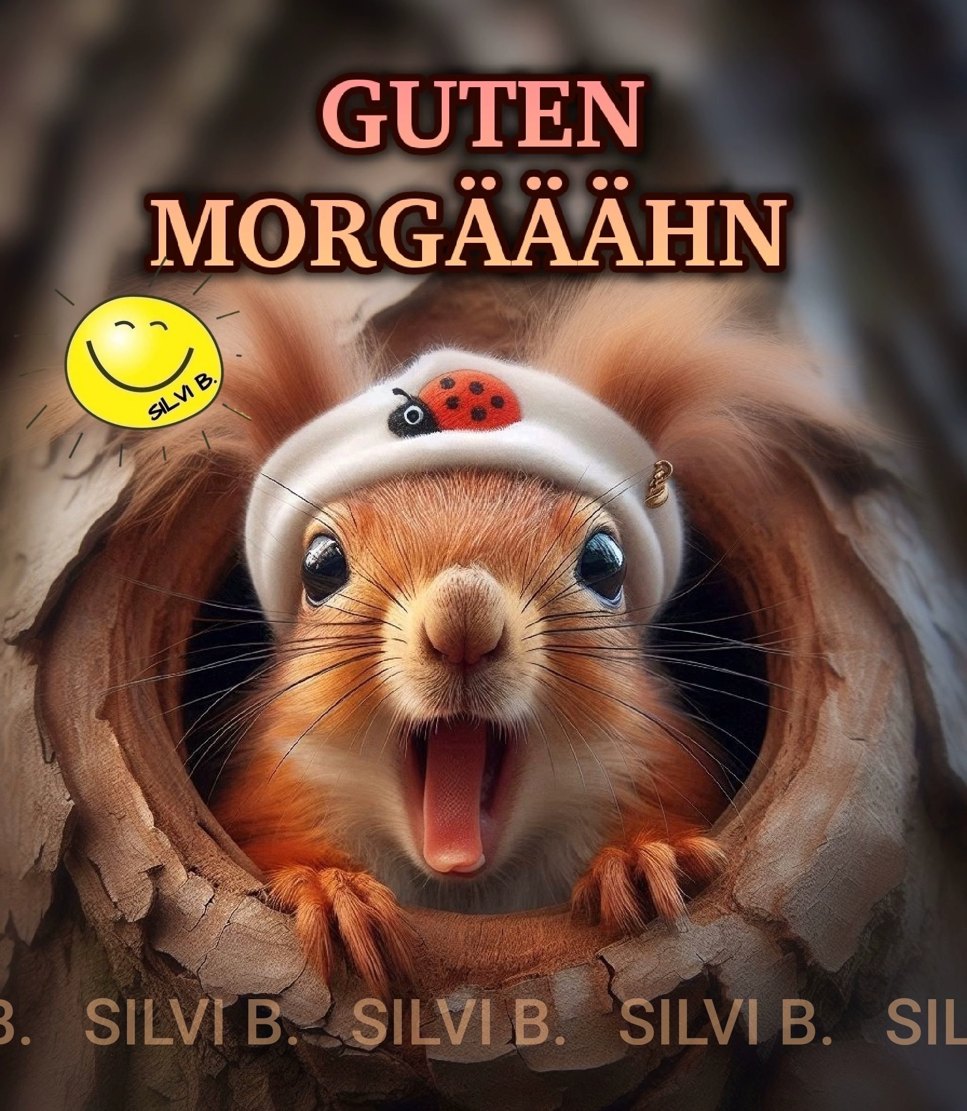 Ein niedliches Eichhörnchen gähnt verschlafen aus einem Baumloch, mit einem lustigen Hut und Marienkäfer. Originelles Guten-Morgen-Grußbild für einen fröhlichen Start in den Tag.