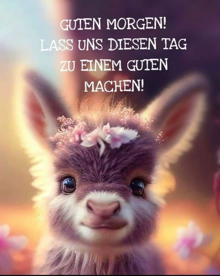 Süßes flauschiges Baby-Lama mit Blumenkranz wünscht Guten Morgen. Ein herzerwärmendes Guten-Morgen-Grußbild mit Wünschen und Sprüchen für einen positiven Start in den Tag.