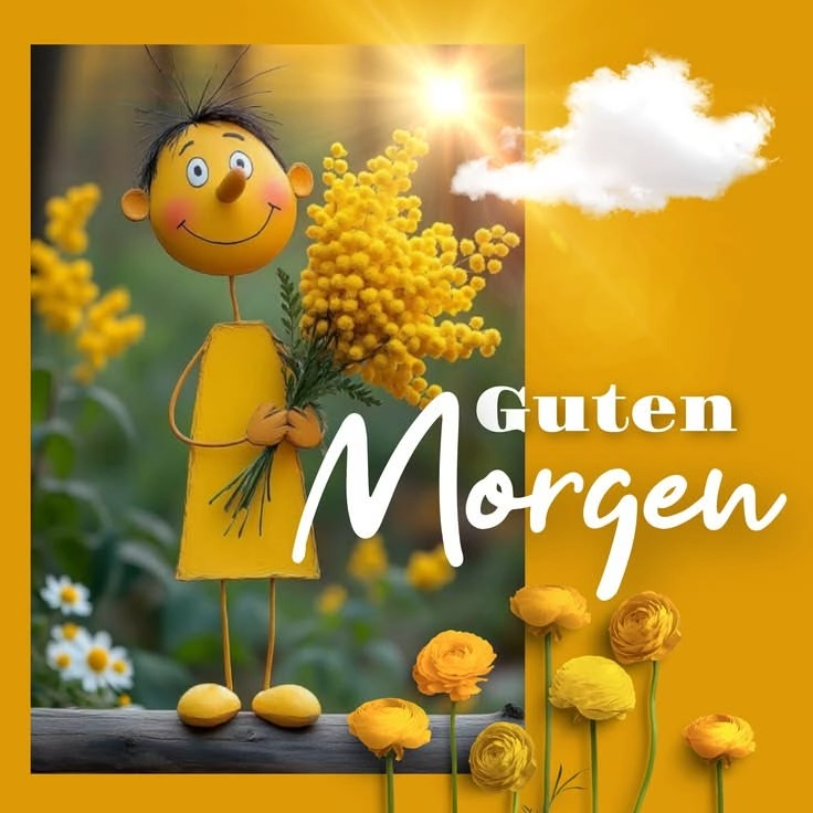Ein freundliches Guten-Morgen-Grußbild mit einem gelben Männchen und Mimosen. Sonnenschein und fröhliche Farben wünschen einen schönen Start in den Tag.