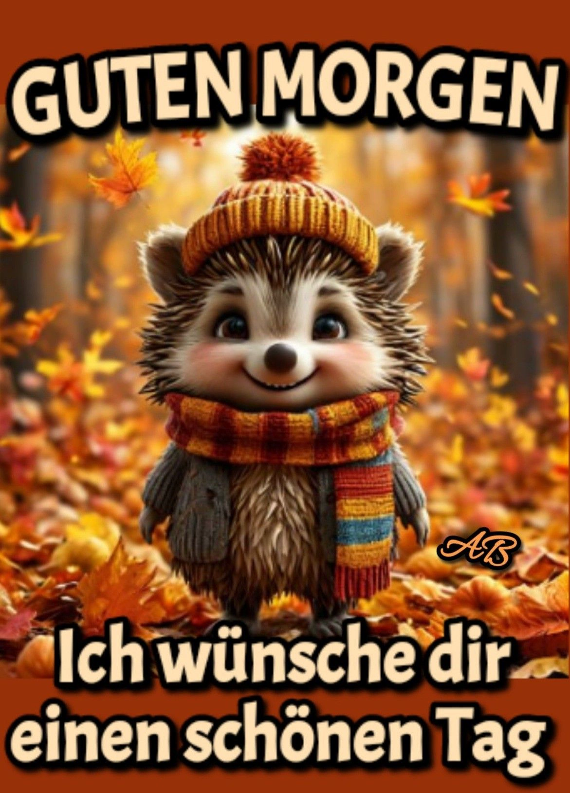 Dieses Guten-Morgen-Grußbild zeigt einen niedlichen Igel mit Mütze und Schal im Herbstlaub. Ideal, um einen schönen Start in den Tag zu wünschen.