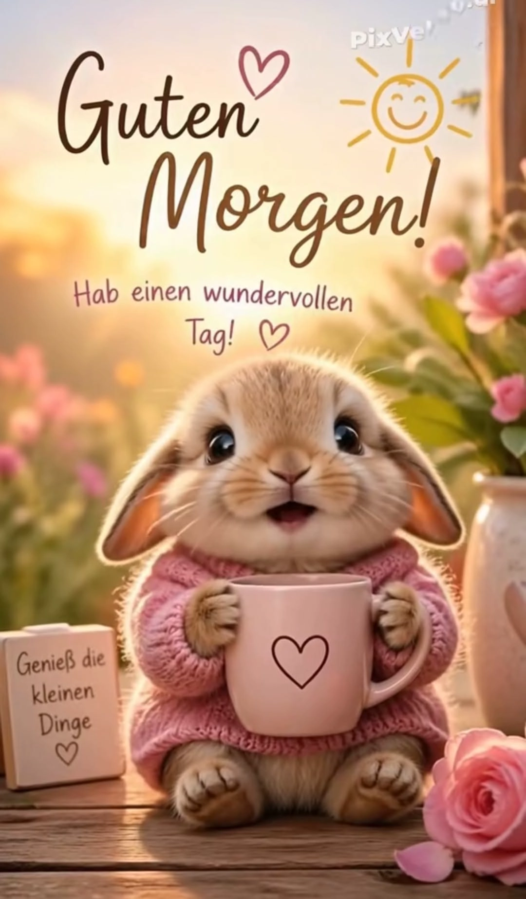 Ein niedliches Kaninchen im rosa Pullover mit Tasse. Ein fröhliches Guten-Morgen-Grußbild mit Wünschen für einen schönen Start in den Tag.