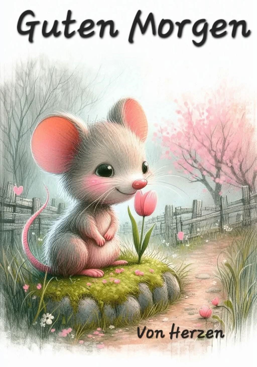 Ein niedliches Guten-Morgen-Grußbild mit einer lächelnden Maus, die eine pinke Tulpe hält. Frühlingshafte Landschaft für einen schönen Start in den Tag.