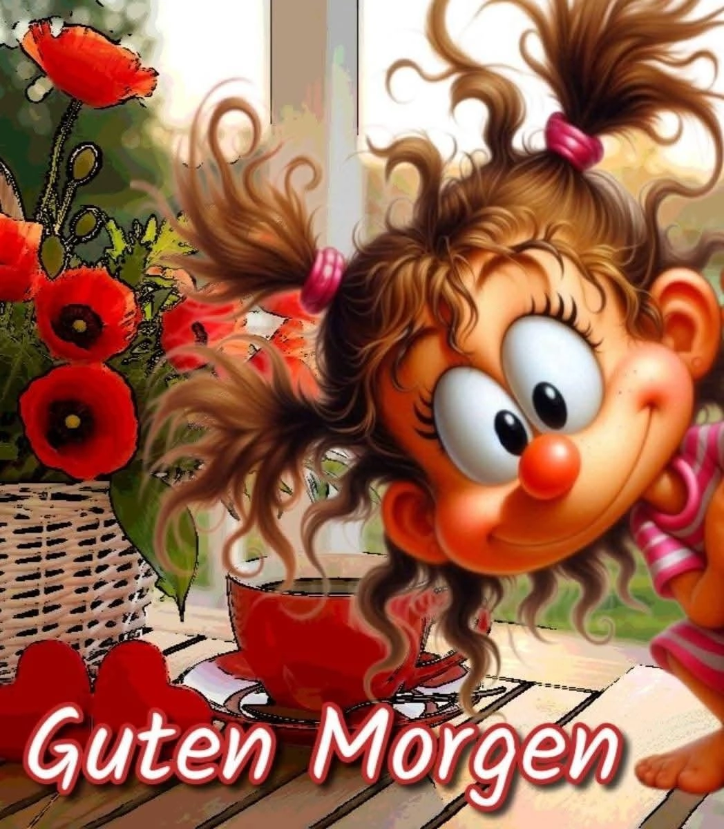 Ein fröhliches Guten-Morgen-Grußbild mit einem lächelnden Cartoon-Mädchen, roter Kaffeetasse und Mohnblumen. Perfekt für einen schönen Start in den Tag.