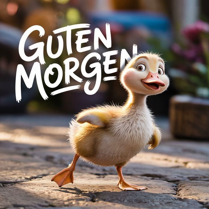 Ein niedliches, flauschiges gelbes Küken lächelt und läuft fröhlich auf Pflastersteinen. Ein wunderschönes Guten-Morgen-Grußbild für einen tollen Start in den Tag.