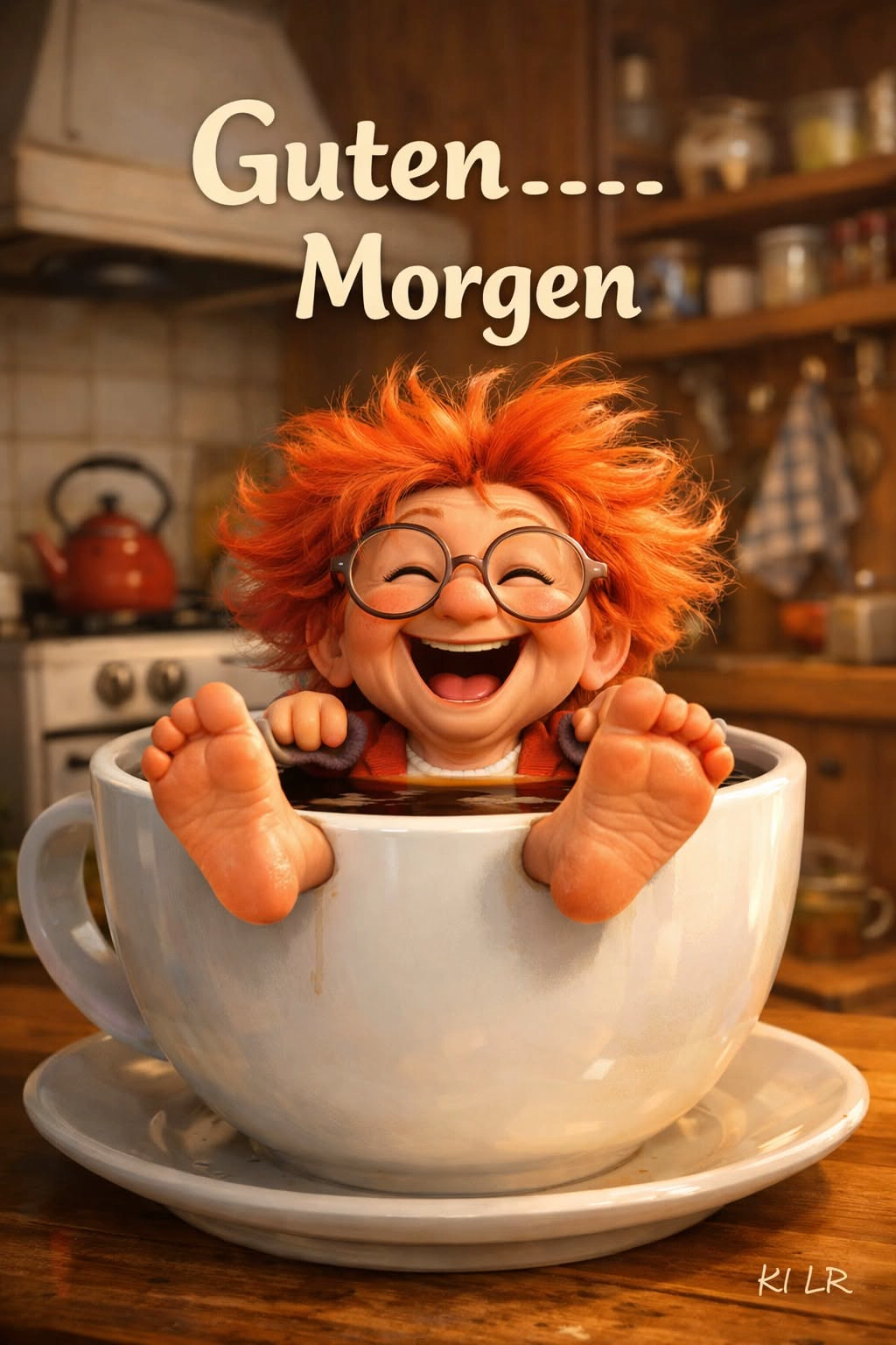Ein lustiges, rothaariges Männchen mit Brille lacht fröhlich aus einer großen Kaffeetasse. Ein originelles Guten-Morgen-Grußbild für einen heiteren Start in den Tag.