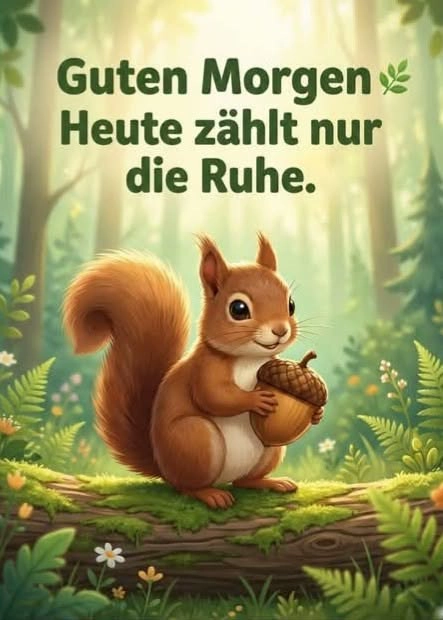 Ein süßes Eichhörnchen mit einer Eichel auf einem moosbewachsenen Baumstamm im Wald. Perfekt als Guten-Morgen-Grußbild für einen ruhigen Start in den Tag.