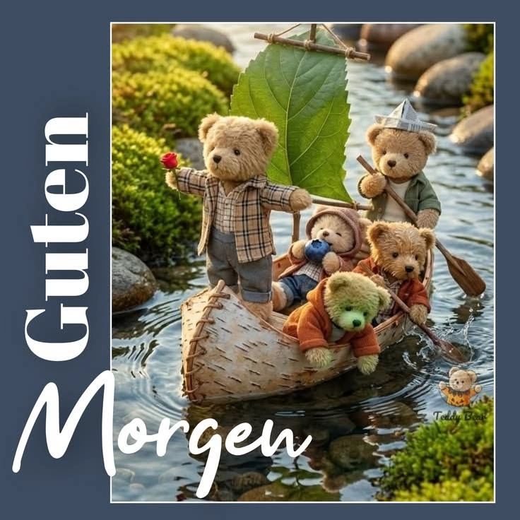 Ein herziges Guten-Morgen-Grußbild mit fünf Teddybären, die in einem Boot auf dem Wasser rudern. Einer hält eine rote Rose. Perfekt für einen schönen Start in den Tag.