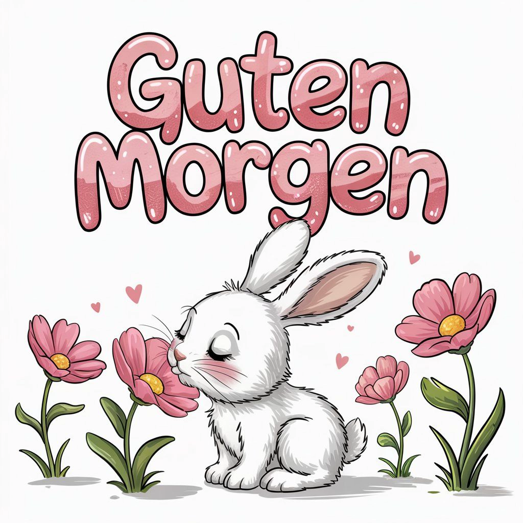 Ein niedliches Guten-Morgen-Grußbild zeigt einen weißen Hasen, der an einer rosa Blume schnuppert, umgeben von kleinen Herzen. Ideal für einen schönen Start in den Tag.