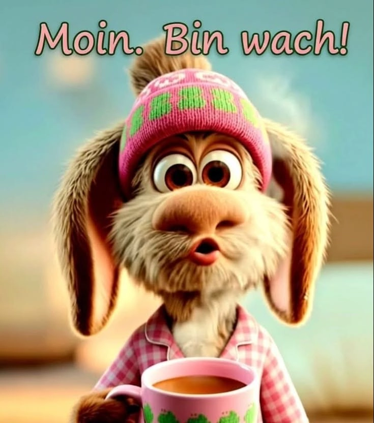 Lustiges Guten-Morgen-Grußbild mit einem wachen Cartoon-Tier in Pyjama und Mütze, das Kaffee trinkt. Ideal für einen fröhlichen Start in den Tag.