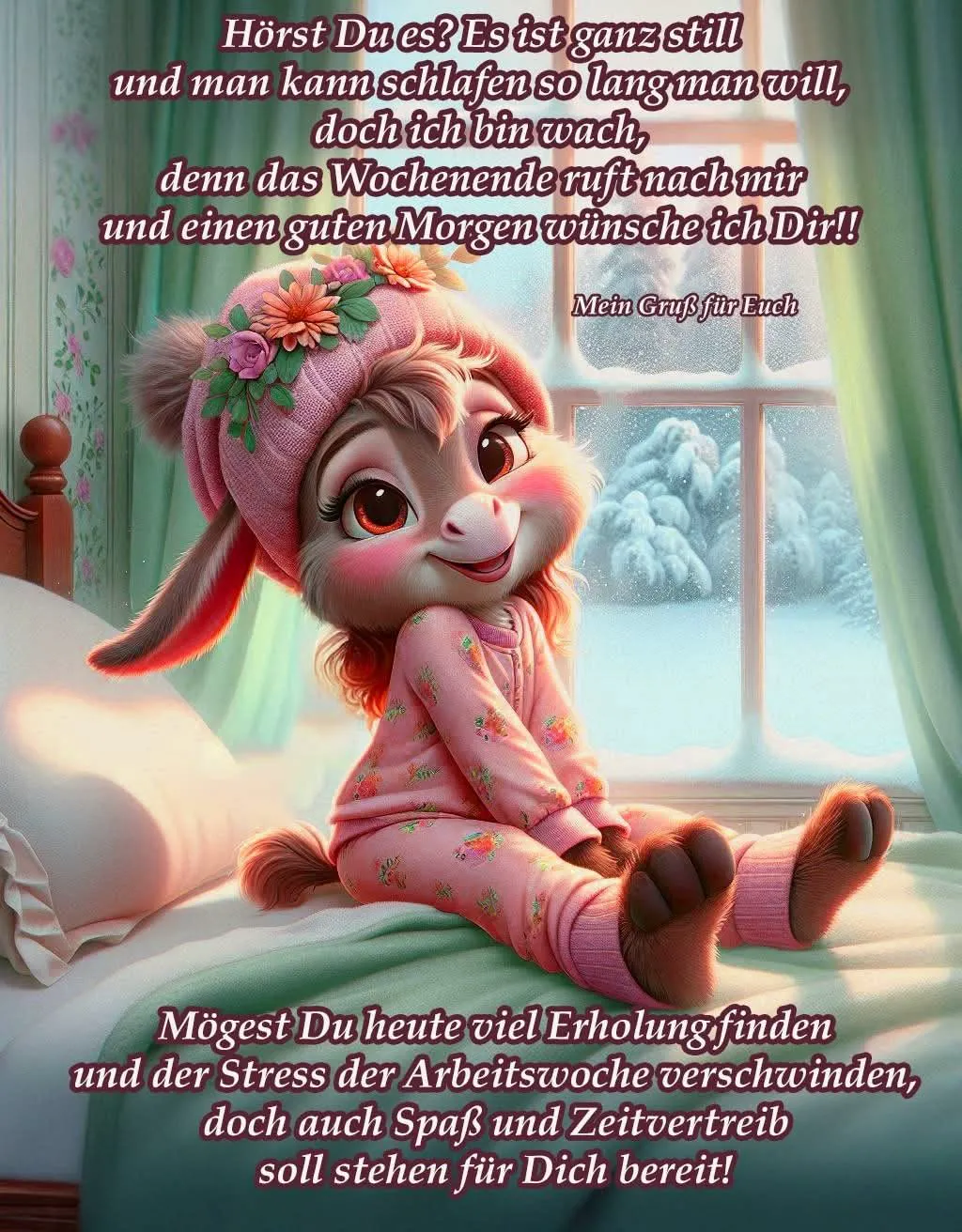 Ein niedliches Cartoon-Fohlen in pinkem Schlafanzug und floraler Mütze sitzt morgens auf einem Bett. Durchs Fenster ist eine verschneite Winterlandschaft mit Bäumen zu sehen. Die Szene vermittelt eine gemütliche und fröhliche Wochenendstimmung.