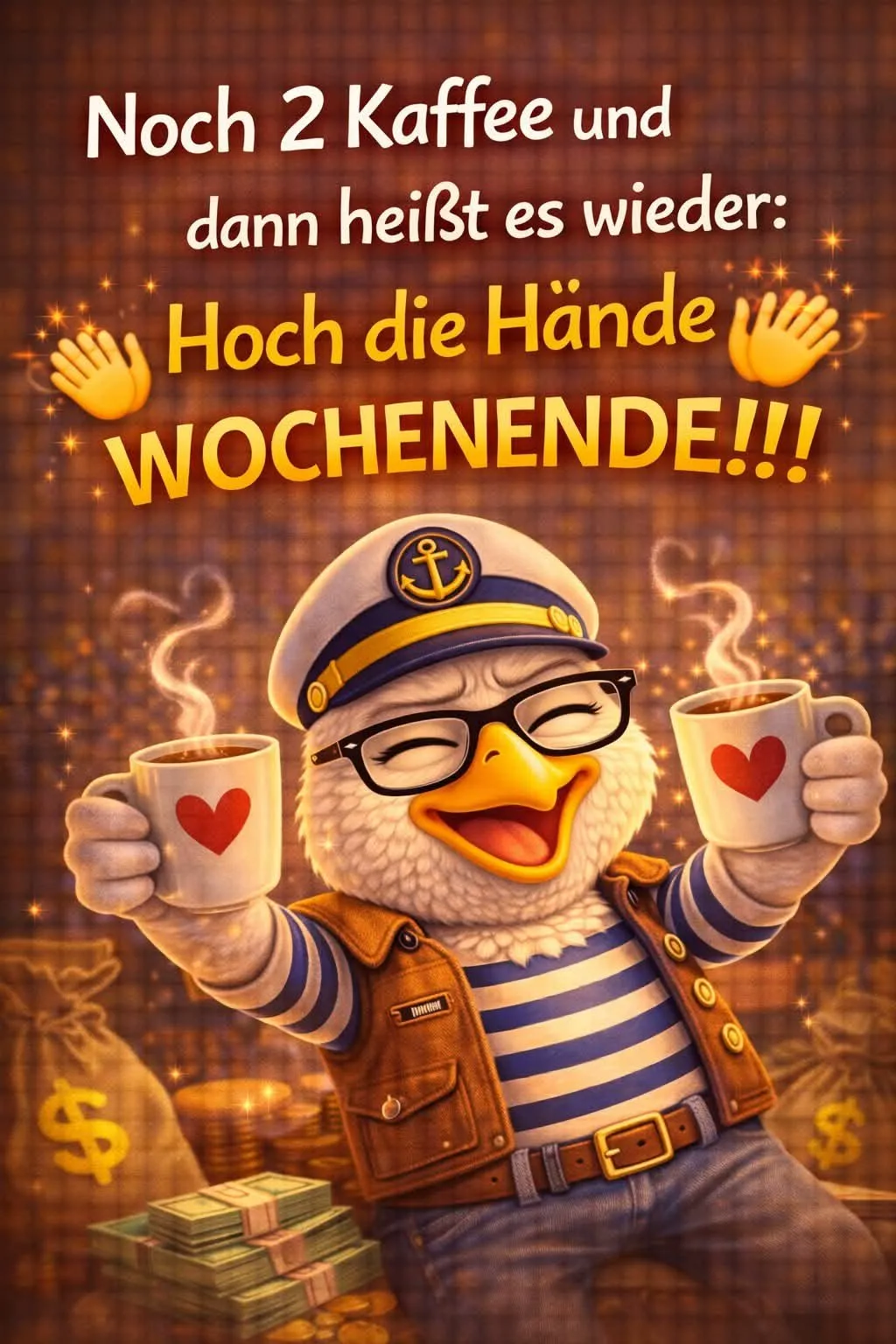 Ein Cartoonvogel in einer Schifffahrt-Uniform hält zwei Tassen Kaffee mit Herz-Motiven in den Händen. Im Hintergrund sind Geldscheine und Münzen sichtbar.