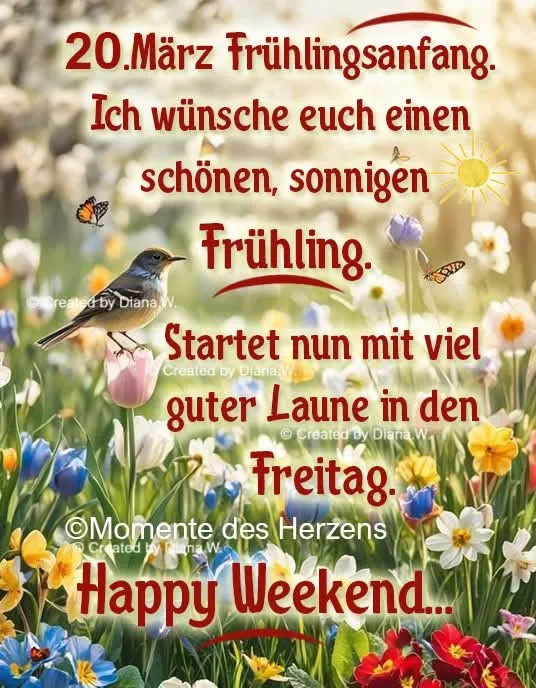 Ein kleines Vögelchen sitzt auf einer rosa Tulpe inmitten eines bunten Frühlingsblumenmeers mit Schmetterlingen und strahlender Sonne. Eine Botschaft voller guter Laune für das Wochenende.