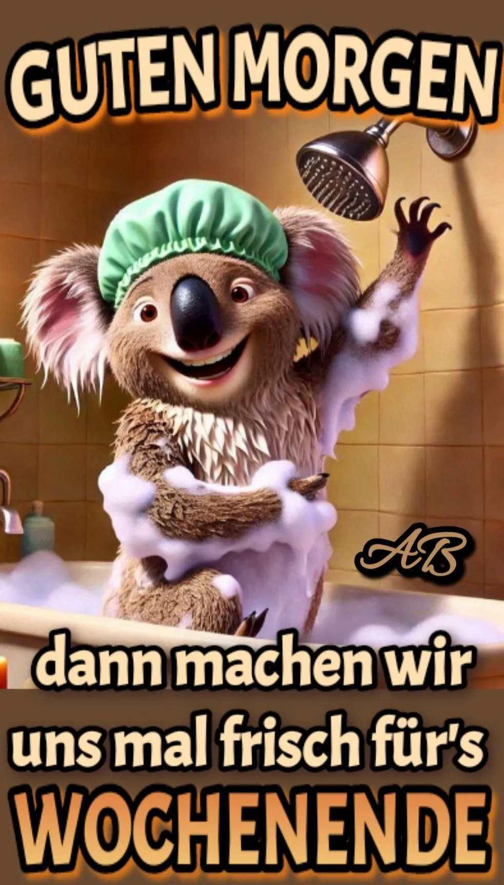 Ein Cartoon-Koala in einer Badewanne, über und über mit Seifenschaum bedeckt, trägt eine grüne Bademütze und hält eine Bürste in der Hand. Der Koala steht unter einer Dusche und scheint sich auf das Wochenende vorzubereiten.