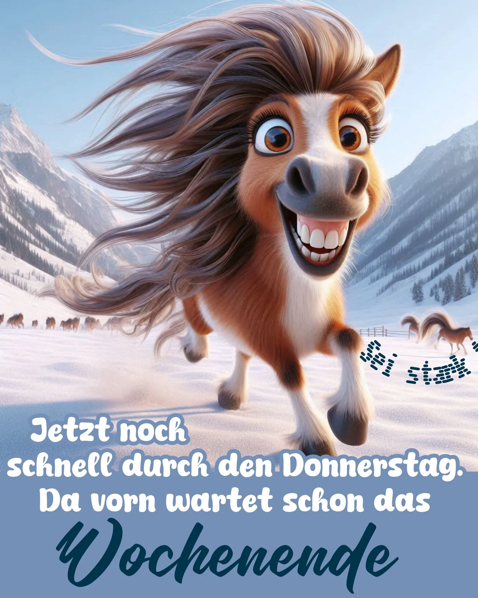 Ein cartoonartiges Pferd mit langem, fließendem Fell und einem breiten Lächeln auf einem verschneiten Feld, im Hintergrund schneebedeckte Berge und andere Pferde