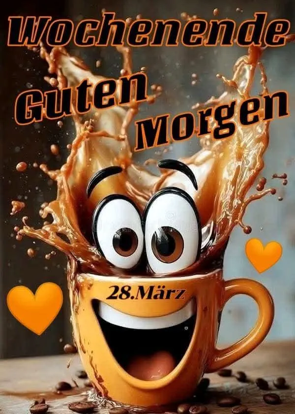 Ein Cartoon-Kaffee-Becher mit großen Augen und einem Lächeln, umgeben von Kaffee-Spritzern, Kaffeebohnen und zwei orangefarbenen Herzen.