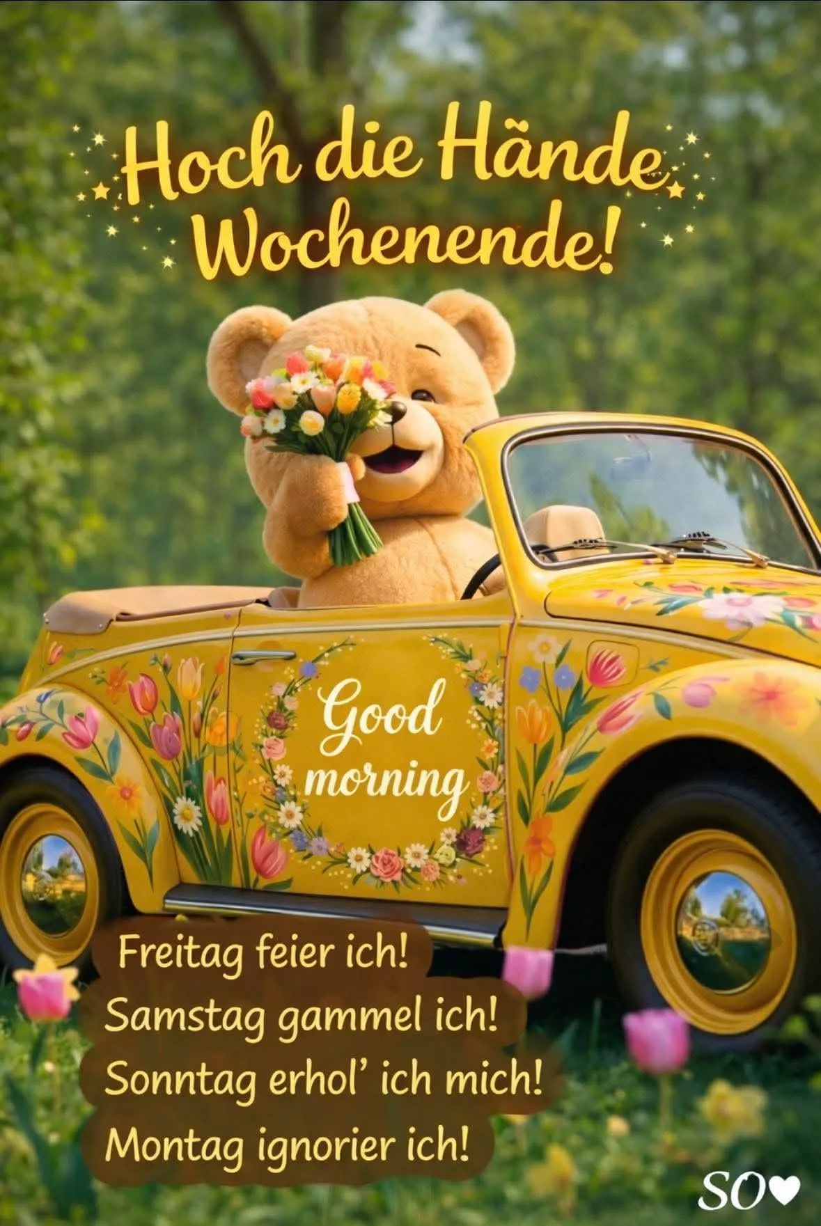 Ein gelber Teddybär in einem gelben Auto mit Blumen, hält einen Blumenstrauß in der Hand und lächelt. Das Auto ist mit Blumen bemalt und hat den Text 'Good morning' auf der Seite.