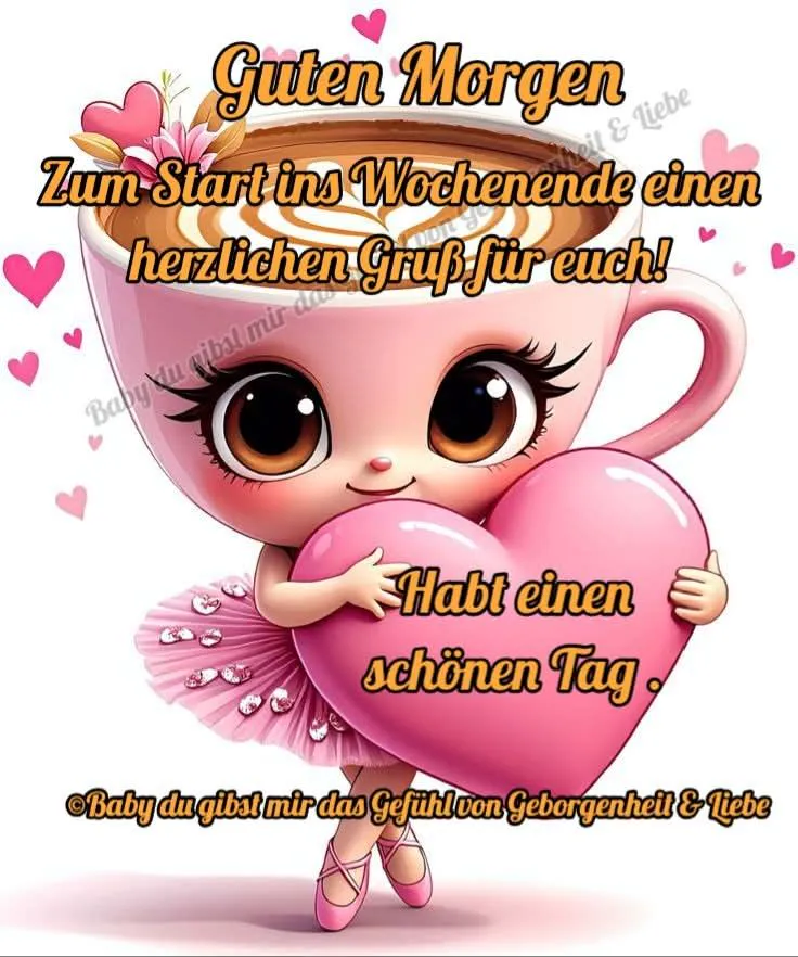 Ein Cartoon-Mädchen in einem rosa Tutu hält eine große rosa Herz und steht neben einer großen Tasse Kaffee. Der Hintergrund ist weiß mit rosa Herzen.