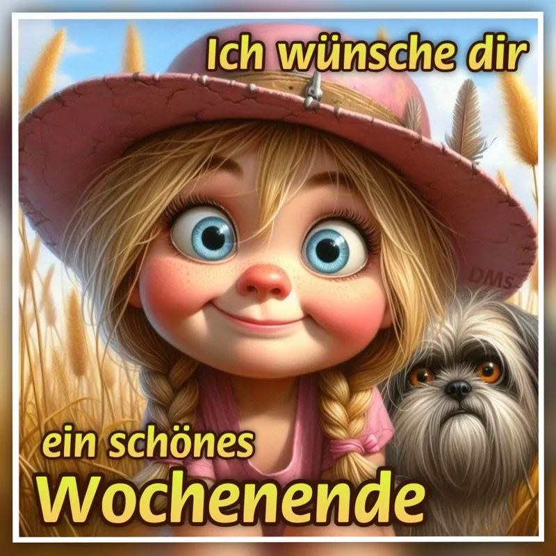 Ein animiertes Mädchen mit blondem Haar, einem rosa Hut und einem kleinen grauen Hund in einem Feld mit gelben Gräsern unter blauem Himmel.