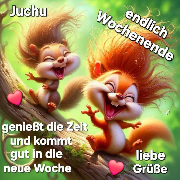 Ein fröhliches Bild zeigt zwei lachende, comicartige Eichhörnchen auf einem moosbewachsenen Baumast, umgeben von leuchtendem Grün. Sie jubeln ausgelassen das lang ersehnte Wochenende herbei, symbolisiert durch rote Herzen und freudige Sprüche.