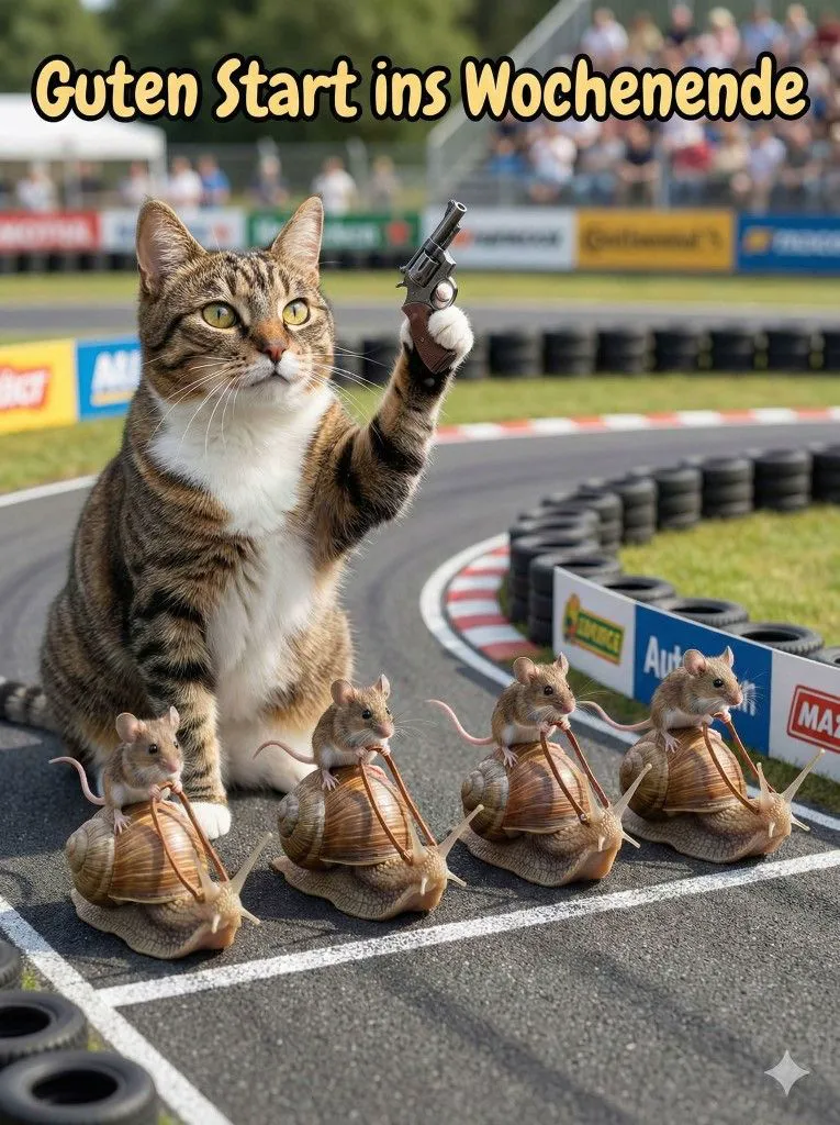 Eine Katze mit einem Revolver in der Pfote sitzt neben vier Mäusen, die auf Schnecken reiten, auf einem Rennstreck.