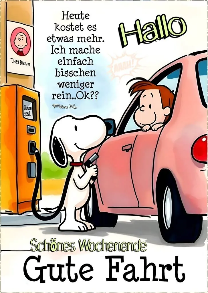 Ein Cartoon von Snoopy und einem Jungen in einem rosa Auto an einer Tankstelle. Der Hund hält den Zapfhahn in der Pfote.