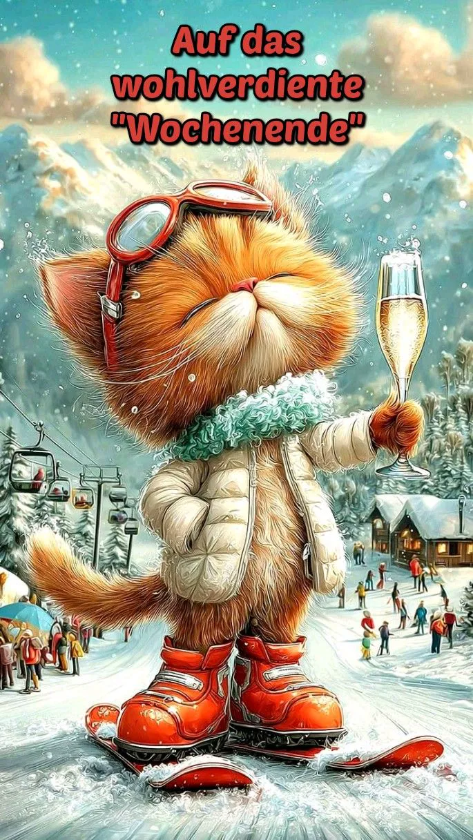 Ein Cartoon-Katze mit orangefarbenem Fell, Skibrille, Skijacke, Schal und Skibindungen hält ein Glas Sekt in der Hand. Der Hintergrund zeigt eine verschneite Berglandschaft mit Skilift, Menschen und einem Gasthof.